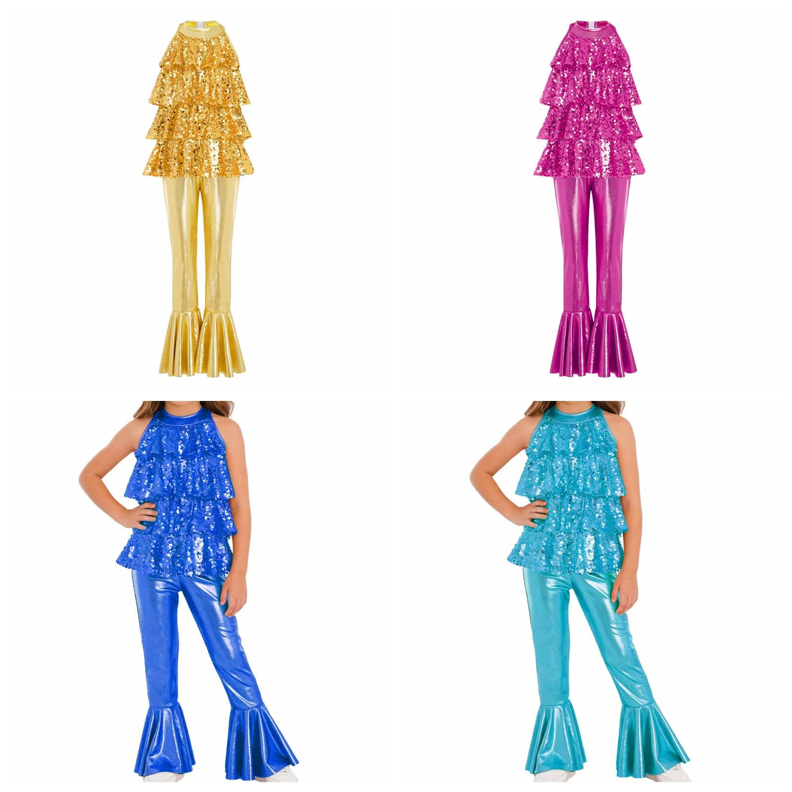 

Детский комбинезон для девочек с пайетками и рюшами, танцевальный комбинезон с завязками на шее, длинные брюки-клеш, детский комбинезон без рукавов, комбинезон для дискотеки, джаза и танцевальных вечеринок