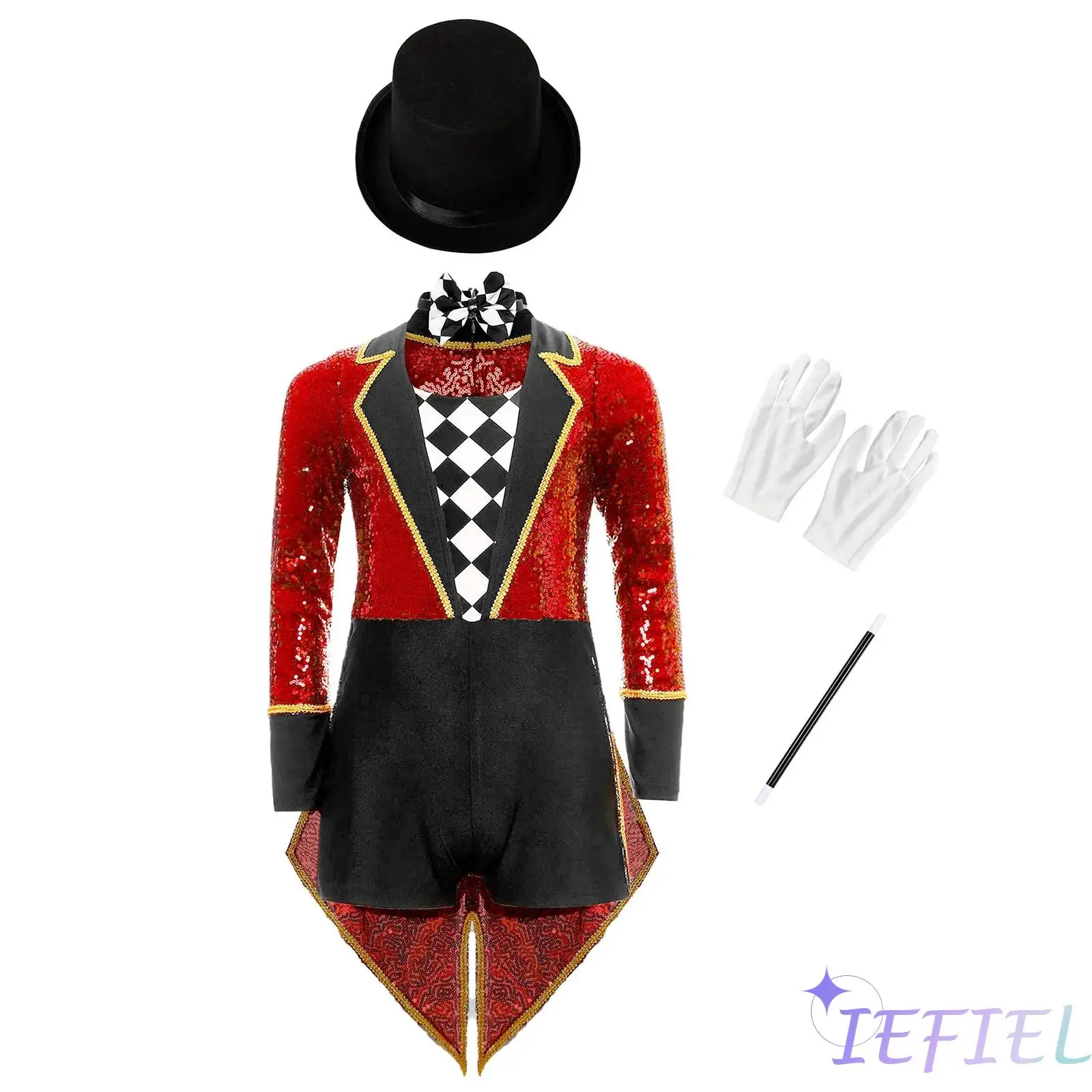 

Kids Boys Girls Halloween Magician Cosplay Costume Set Long Sleeve Sequin Zipper Tailcoat with Bow Tie And Hat Gloves Magic Wand