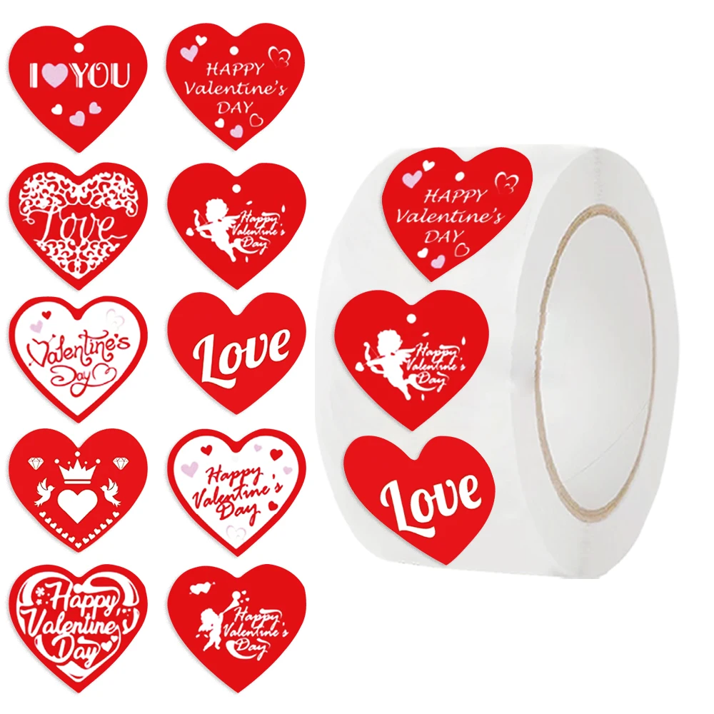 500PCS Happy Valentine Heart Stickers Roll Love Heart Pattern Decals Round Adhesive Stickers for Party Gift Flowers Decor Decal