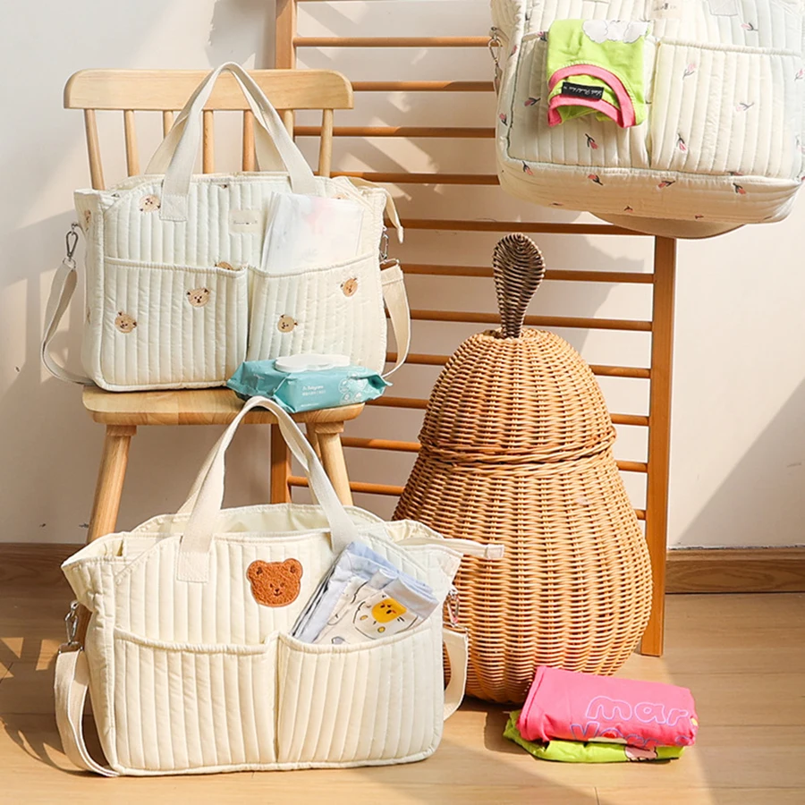 Mummy Bag With Bear Embroidery, Large Capacity Lightweight Tote_voghion.com