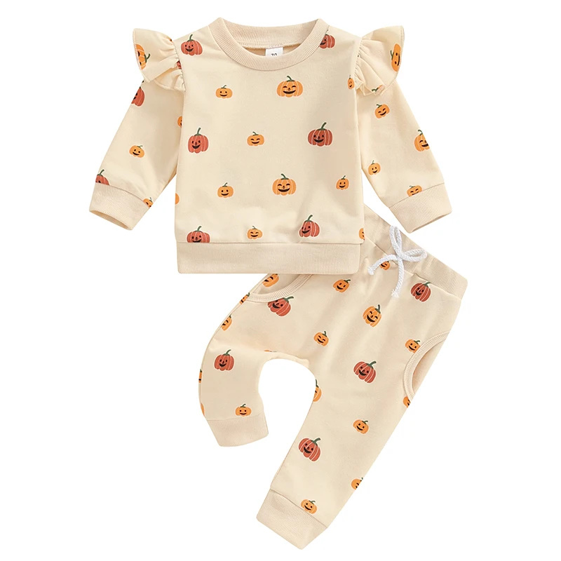 

Toddler Girl Fall Halloween Outfit Pumpkin Print Long Sleeve Round Neck Pullover with Elastic Waist Pants 2 Pcs Set