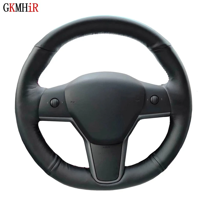 Hand-Stitched DIY Black Artificial Leather Soft Car Steering Wheel Cover For Tesla Model 3 2017-2019