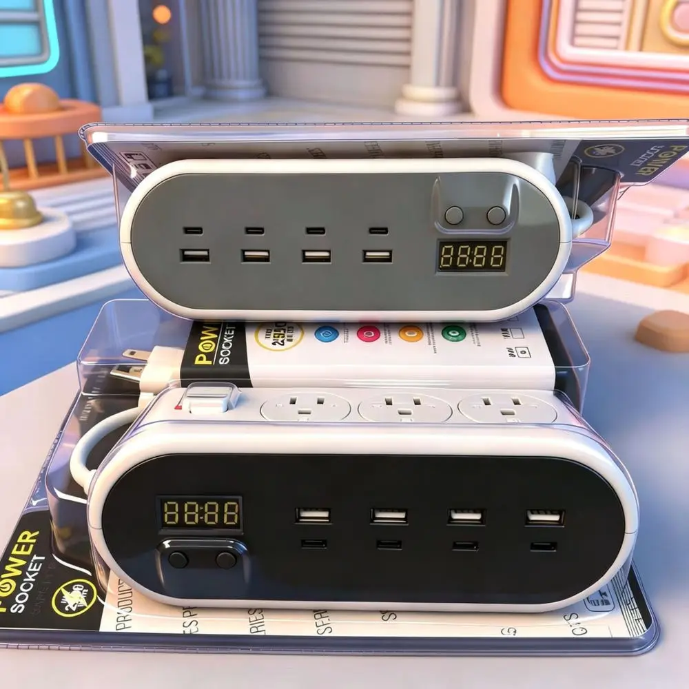 Universal Power Extension Socket With Digital Display Quad Type C Ports Compact Desktop Charging Station Power Strip