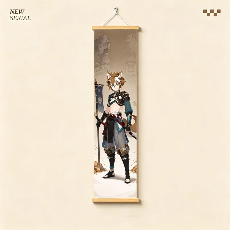 Hanging Scroll Wall Art of Genshin Impact Gorou with Warm Golden Glow on Silver Shimmer Canvas for an Anime Bedroom