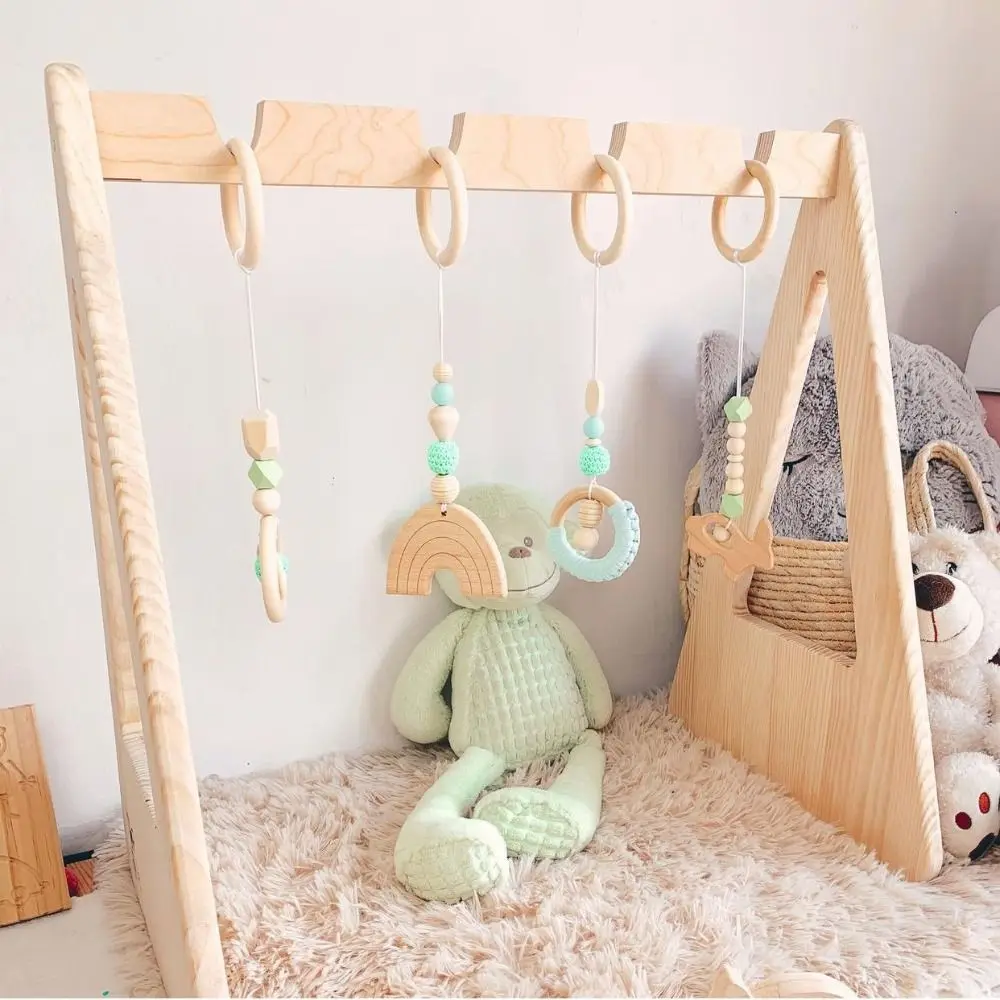 Teaching Sensory Wooden Beech Activity Gym Frame Crochet Bead Baby Gym Toys Play Frame Rabbit Hanging Ring Gift