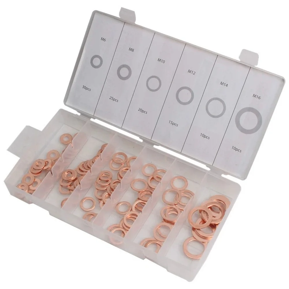110 قطعة مجموعة حشية غسالة النحاس حلقة مسطحة مجموعة متنوعة من الختم M6/M8/M10/M12/M14/M16 ختم غسالة حلقة الختم المسطحة طوقا