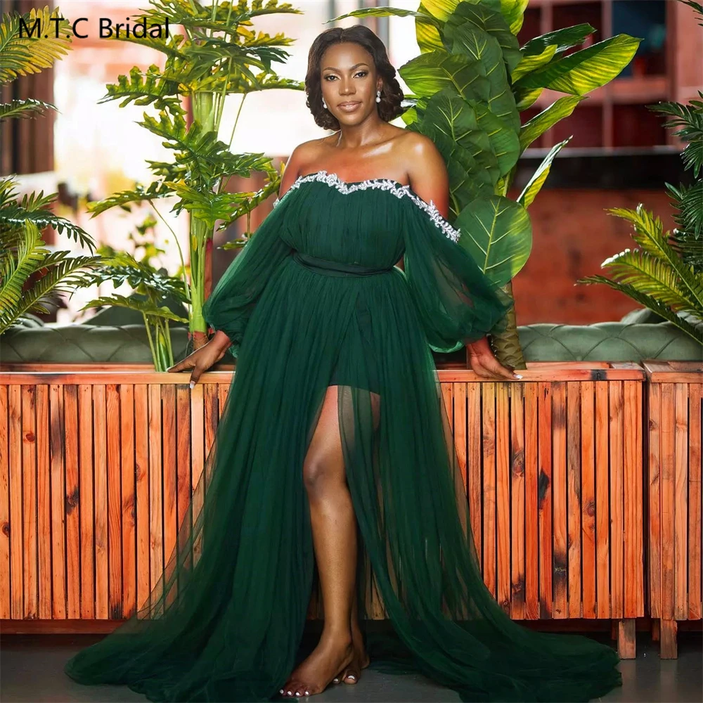 2024 Green Long Evening Dress For Pregnant Women A Line High Waist Off The Shoulder Tulle Prom Party Gowns Custom Made