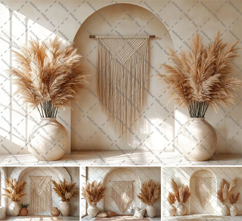 

Фон для фотосъемки Mehofond: Декоративный фон в стиле бохо с пампасной травой, бежевая арка-стена, для портретов взрослых, на день рождения, для беременных, для фотостудии