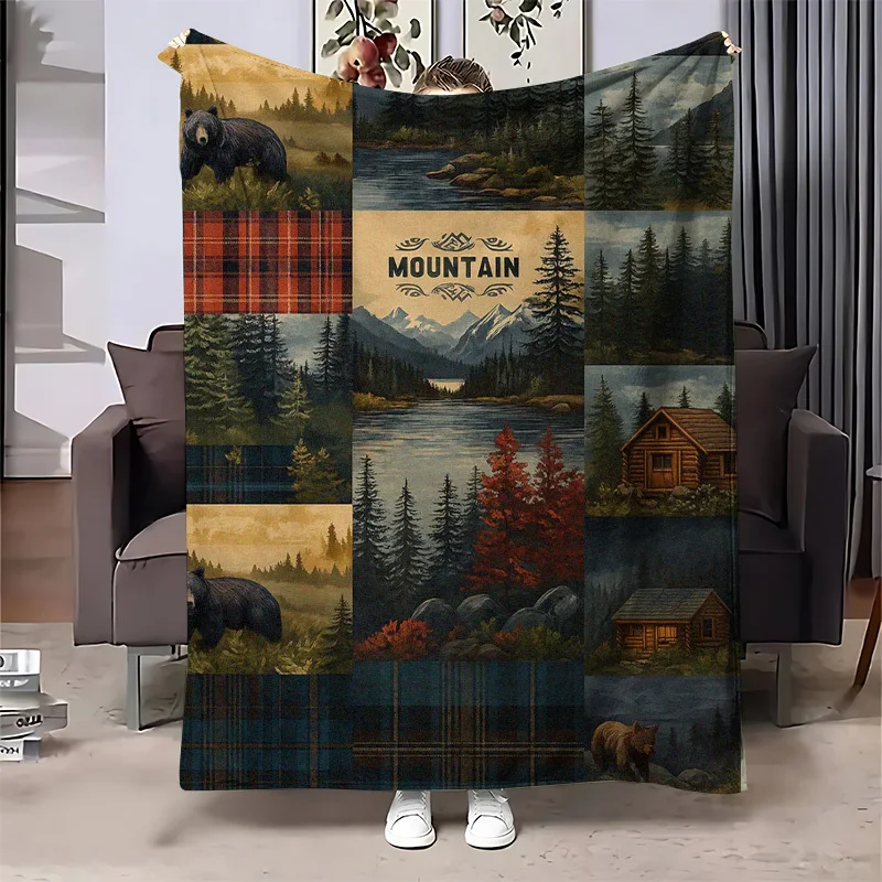 Vintage Wilderness Forest Fleece Blanket,Lumberjack Plaid Bear Mountain Log Cabin Cozy Cover for Living Room Office Rest Camping