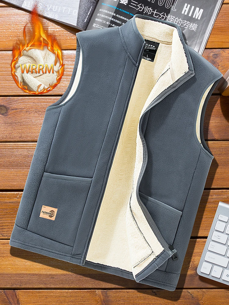 Fleece-Weste für Herren, Herbst-Winter, Lammwollwesten, dick, warm, Übergröße, lässige, mit Fleece gefütterte Weste, Mantel, ärmellose Weste – Detail 10