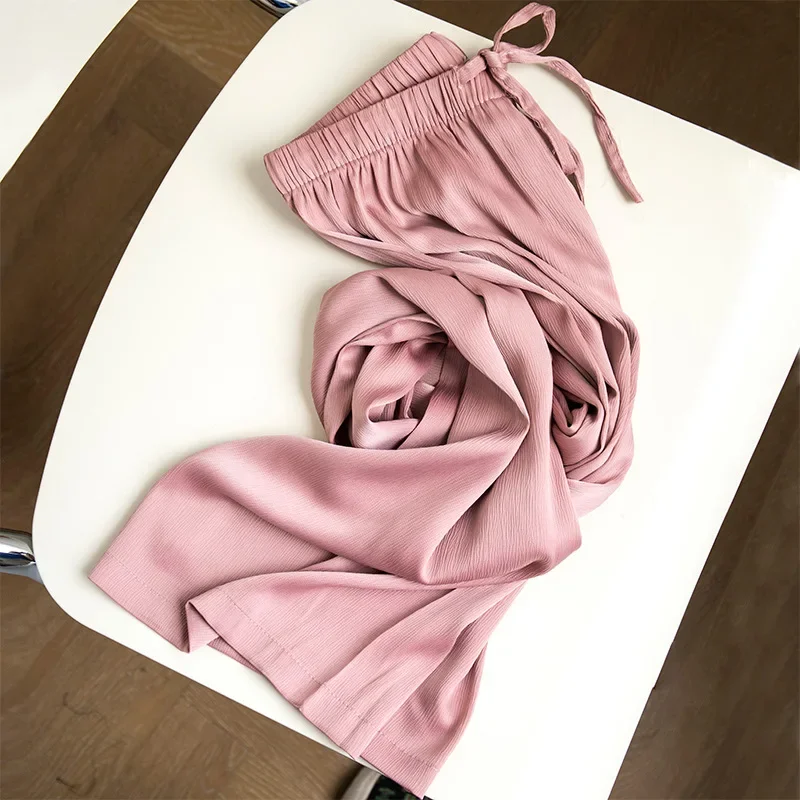 Wysokiej jakości spodnie z szerokimi nogawkami damskie w stylu vintage ze sznurkiem wysokiej talii satynowe jedwabne spodnie damskie luźne proste spodnie na co dzień