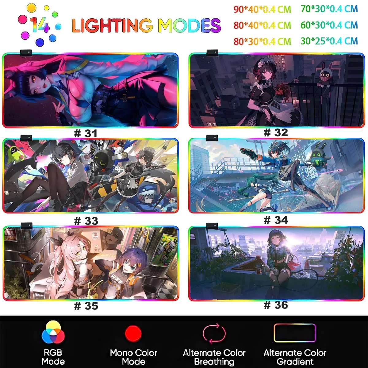 RGB LED Backlit Large Non-slip Mouse Pad Zenless Zone Zero Anime ACG Dec-24 New LED Mouse Pad Table Gaming Mat Desk Play Mat