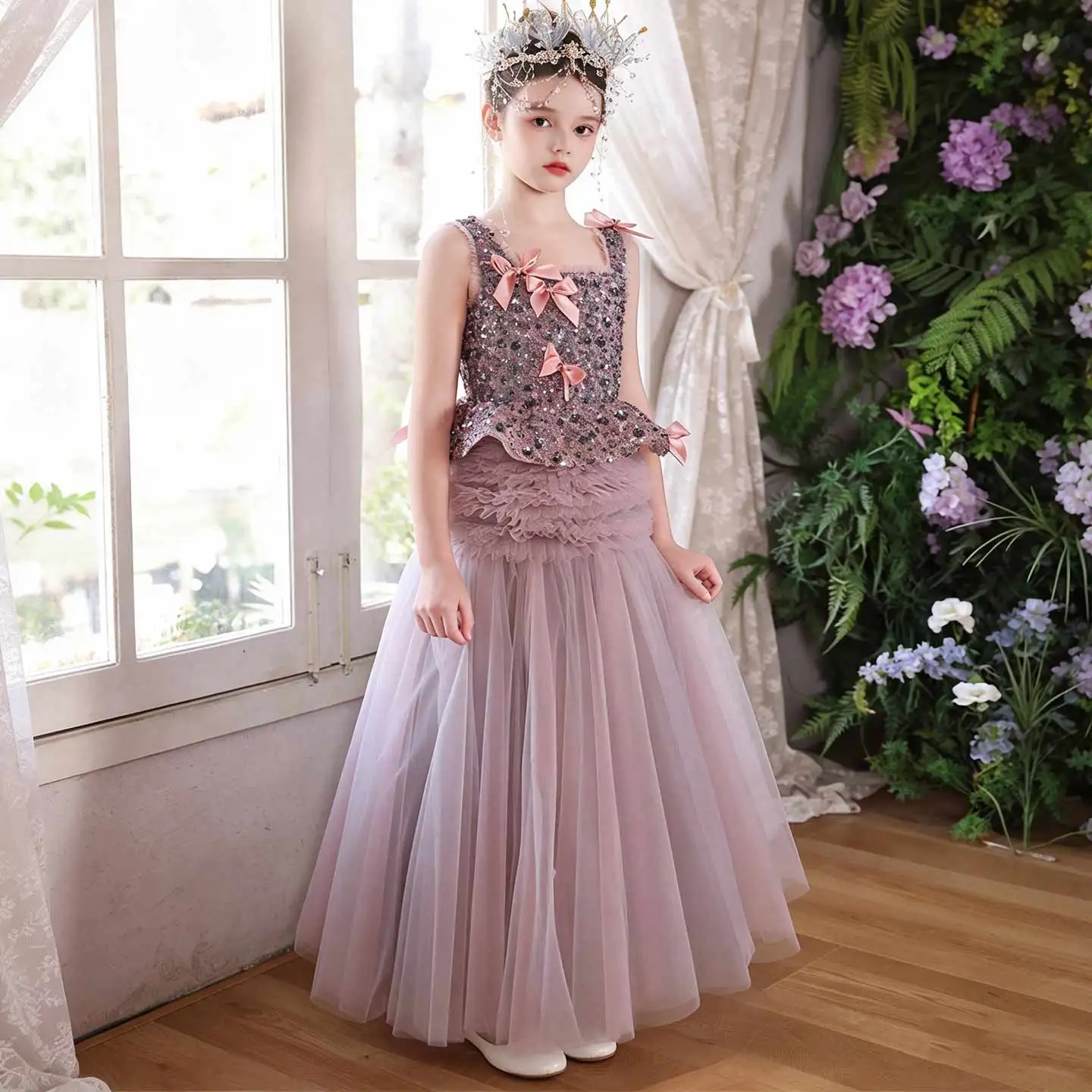 Jill Wish J121 Kids Glitter Ball Gown Girls Formal Evening Dresses Elegant Tulle Skirt Children Wedding Guest Outfit Size 2-12Y