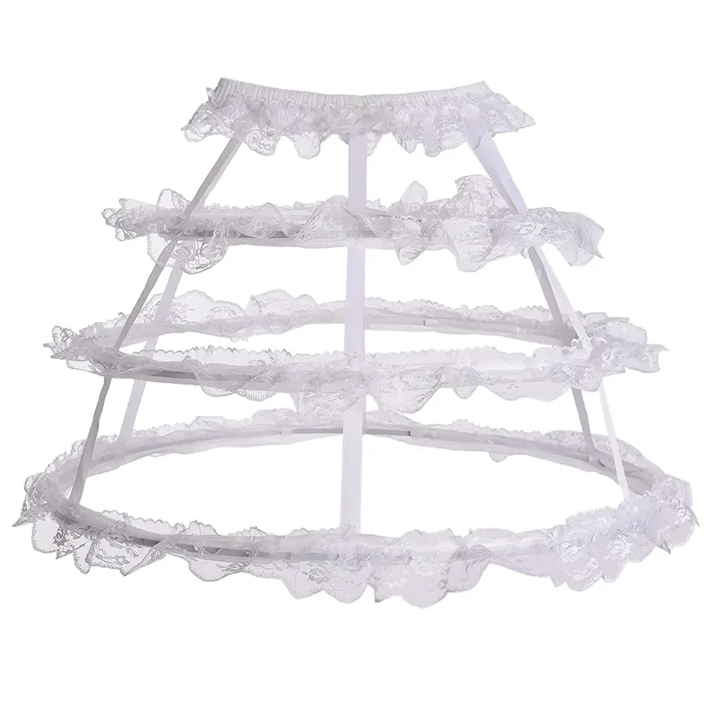 

Women White 3 Hoops Petticoat Crinoline Lolita Fishbone Hollow Bird Cage Floral Lace Underskirt