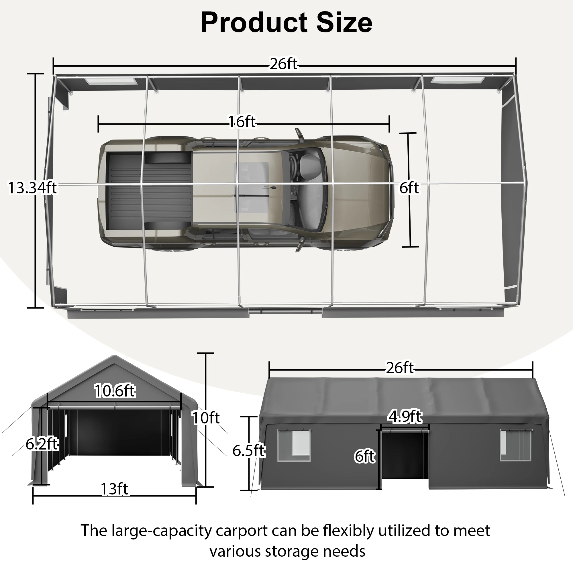 13x26 FT Heavy Duty Carport Canopy 2 Roll Up Doors 1 Side Door Removable Walls Windows All Weather Portable Garage Car Truck Boat