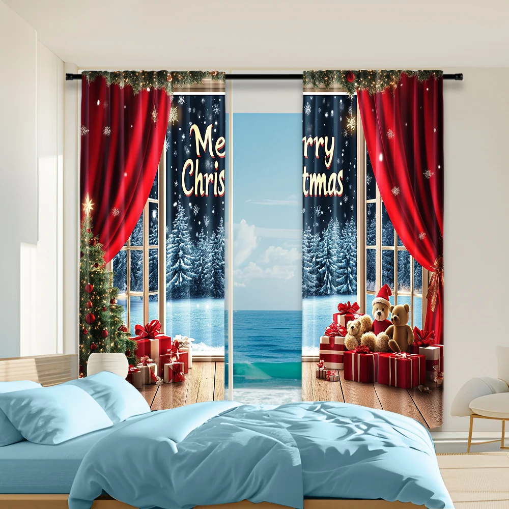 2Pcs Christmas Tree Printed Window Curtains Rod Pocket Design Machine Washable Window Drapes For Living Room And Bedroom Home