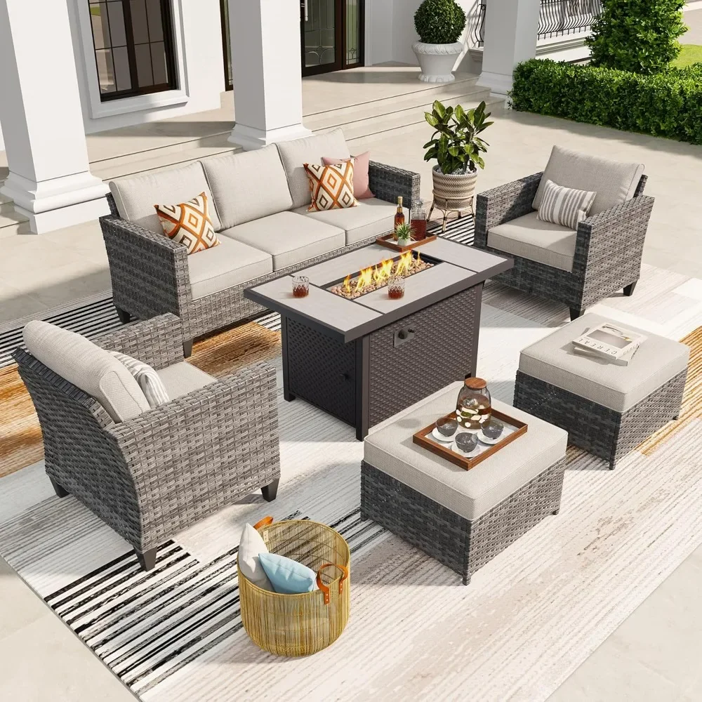 

6 Pieces Patio Furniture Set with Fire Pit Table,Outdoor Wicker 3-Seat Sofa with Comfy Cushion,High Back Rattan Conversation Set