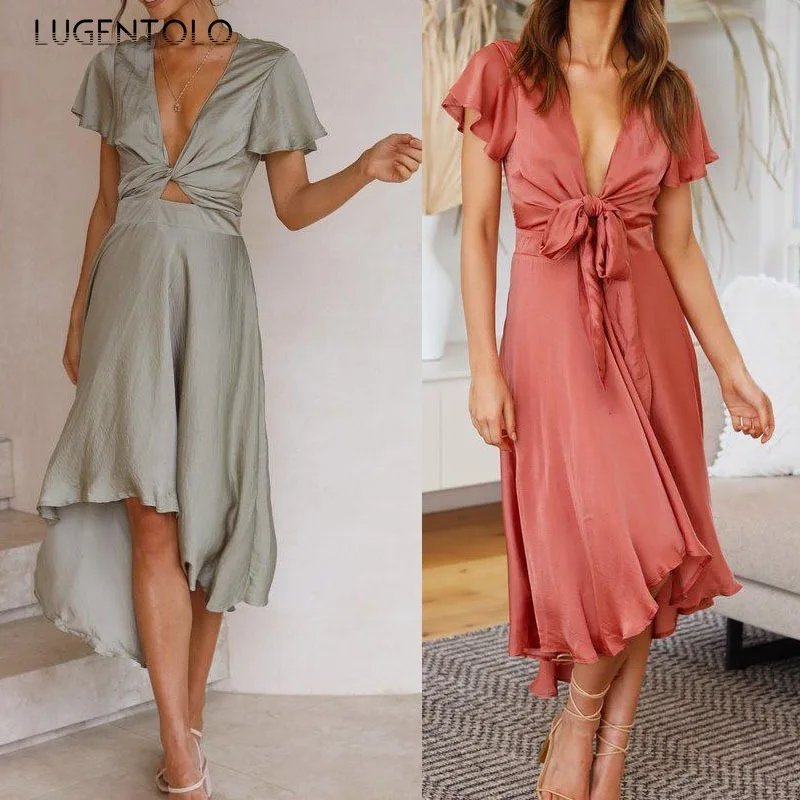 

Women Sexy V-neck Dress Short Sleeve New Summer Irregular Slim Lady Elegant Big Swing Lace-up Solid Fashion Long Dress Lugentolo