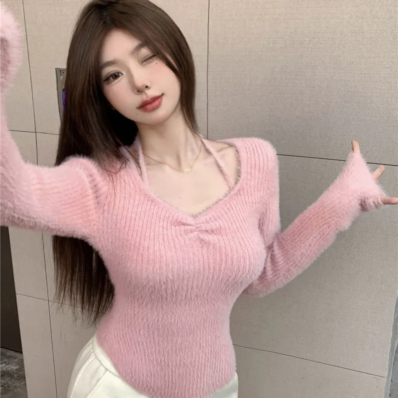 Women Sweater Pullover Korean Sweater Warm Bottomed Long Sleeved Thin Mink Hair Neck Hanging Autumn Winter Top