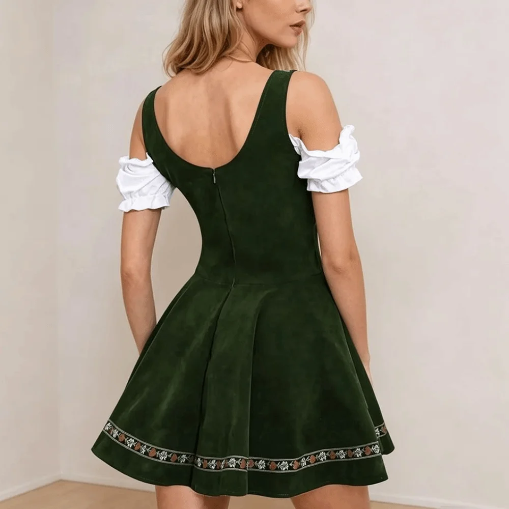 Ruffled Detail Bavarian Dirndl Dress Lace-Up Front Polyester Oktoberfest Costume Square Collar A-Line Silhouette