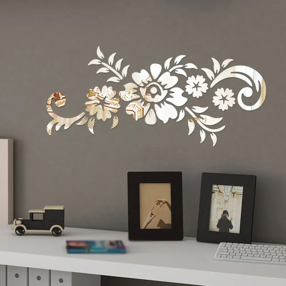 50x21.5cm Removable Acrylic 3D Mirror Wall Decal Rattan Flowers Fashionable Home Living Room Decoration