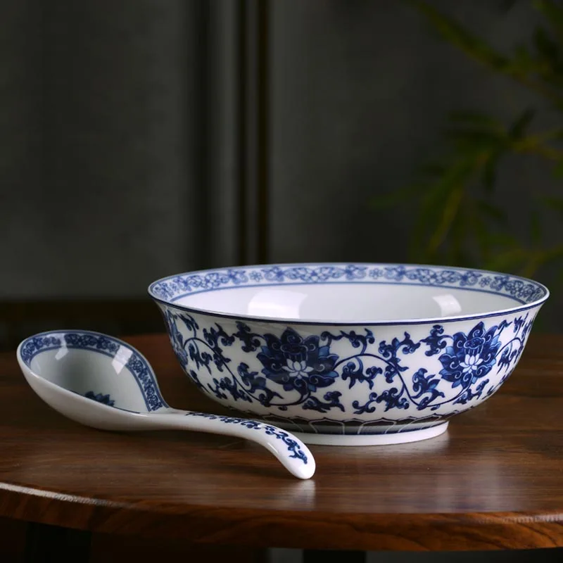 

9 inch Chinese Blue and White Porcelain Bowl Ceramic Ramen Soup Rice Bowl Microwave Oven Tableware Noodle Salad Mixing Container