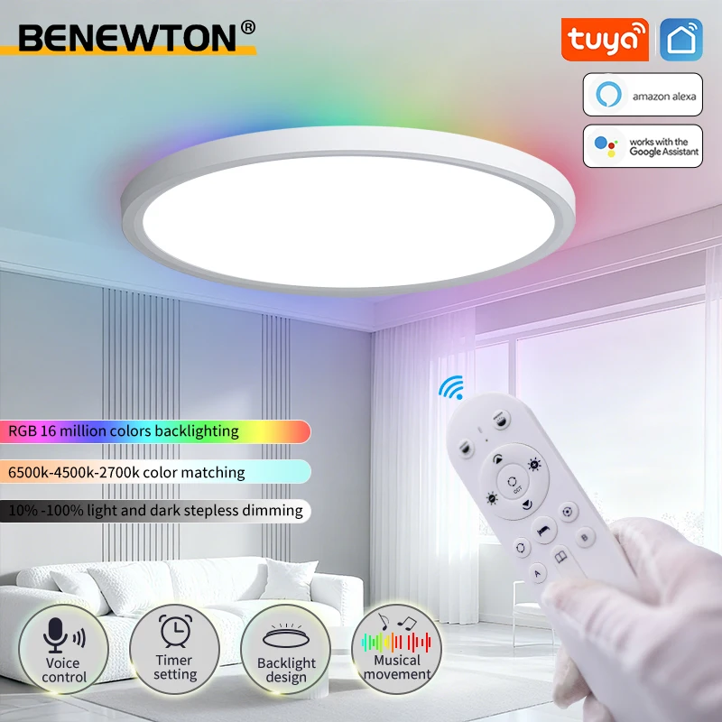Lampa sufitowa TUYA RGB z płynącym światłem 36-28W 220V, ściemnialna, sterowana aplikacją, głosem Alexa i pilotem, inteligentna lampa sufitowa WiFi do domu.