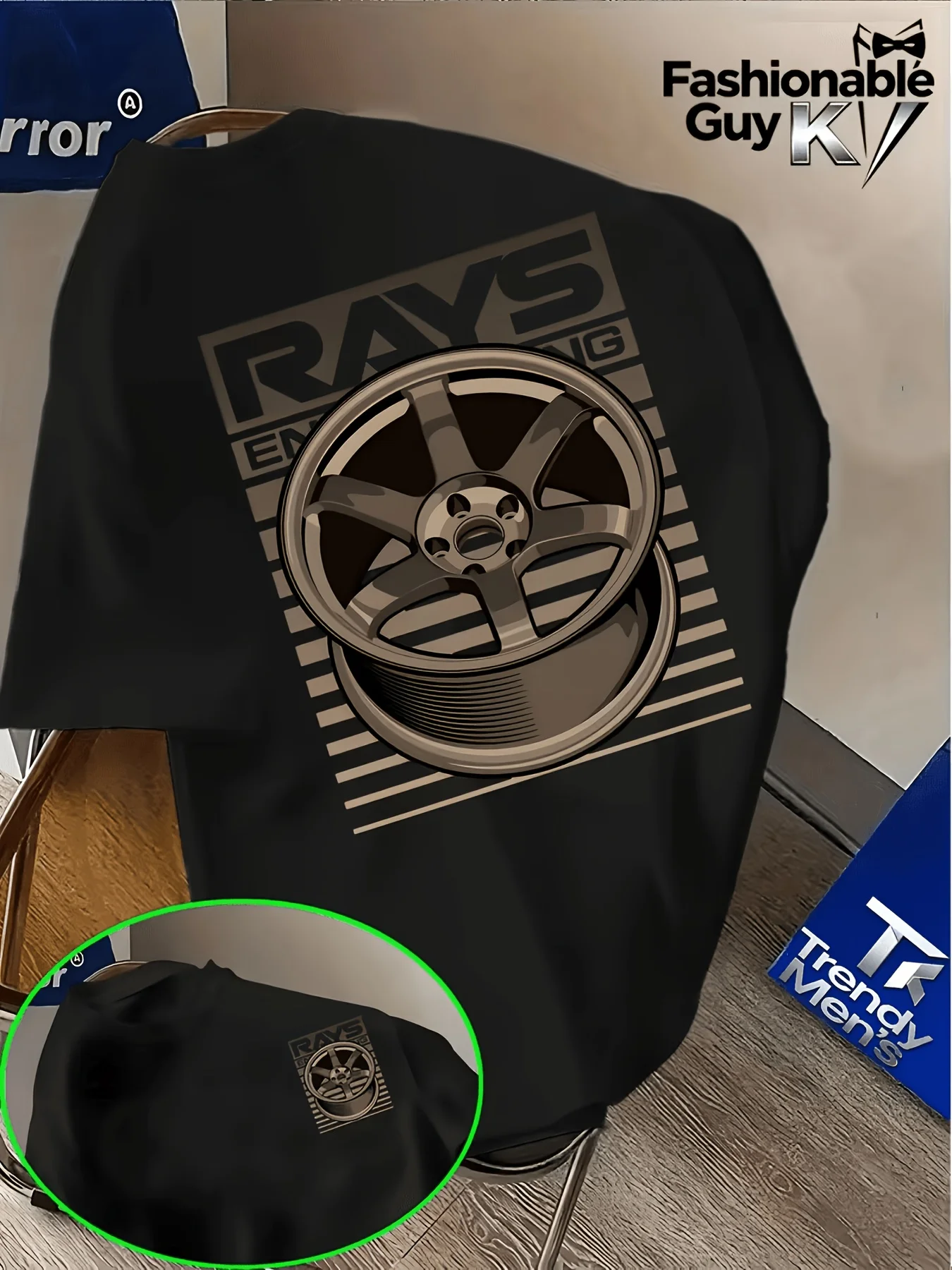 Front And Back Double-Print Car Modification Circle Super Hot RAYS TE37 Wheel Pattern Print, American Retro Heavy Short Sleeve T-Shirt! Round Neck Short Sleeve Top, Casual Knit T-Shirt, Suitable for Daily Wear Casual Sports T-Shirt