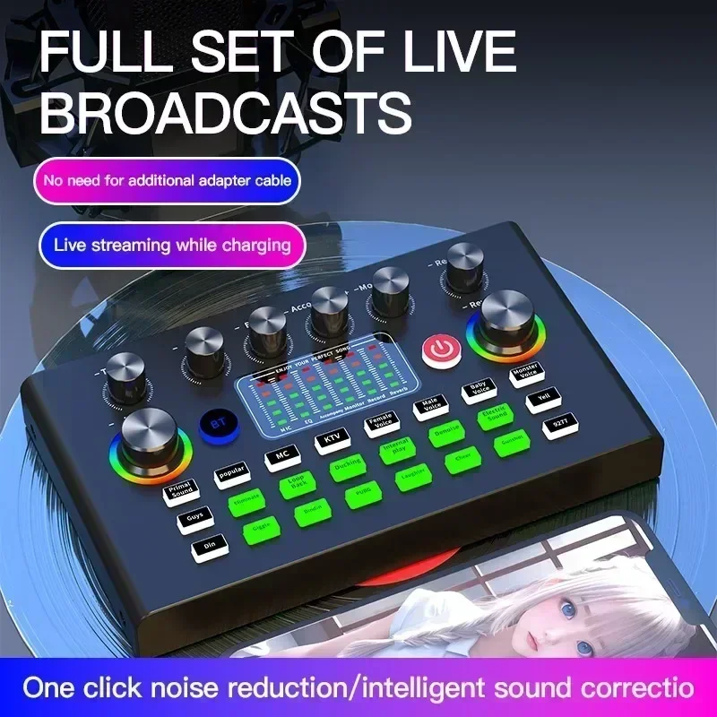 Studio Equipment F009 Audio Mixer Live Sound Card and Audio Interface with DJ Mixer Effects and Voice Changer Podcast Production