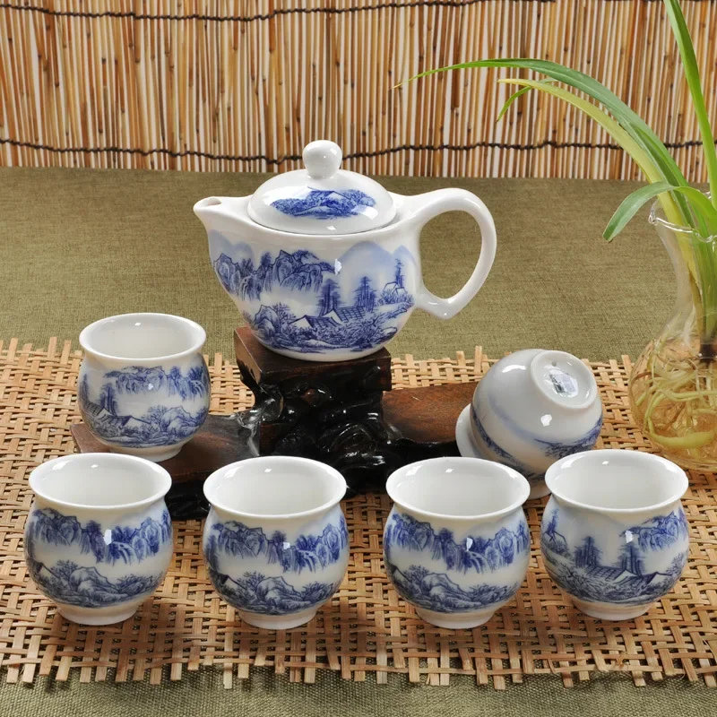 Jingdezhen 7Pcs Tea Set Blue and White Porcelain Double Wall Cup Creative Flower Dragon Moutain Teapot Kung fu tea set Teaware