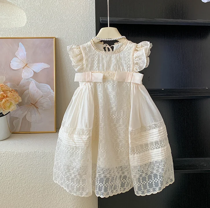 New Baby Summer Girls Fairy Lace Bow Flower Dress, Princess Kids Sweet Fashion Party Dresses  3-7 T