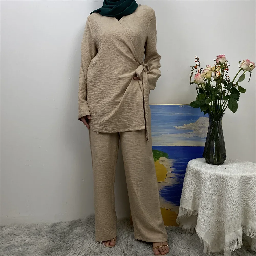 

Eid Muslim Women 2 Piece Set Wide Leg Pants Tops Suit Lace Up Morocco Dubai Islam Modest Outfits Ramadan Trousers Ensemble