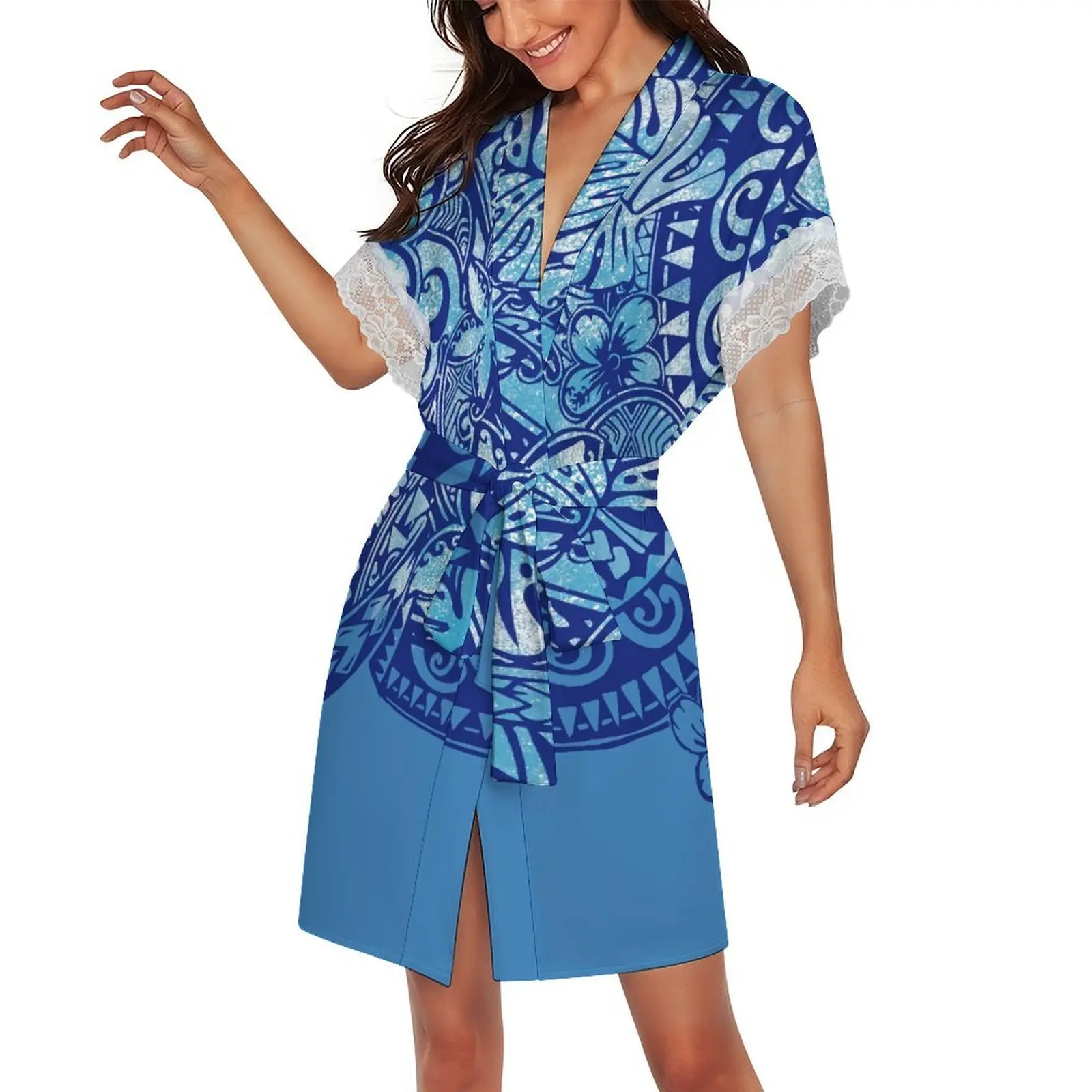 

V-Neck Lace-Edged Women'S Soft-Fitting Short-Sleeved Belt-Sleeved Comfort Pajamas With Polynesian Custom Pattern For Home Wear
