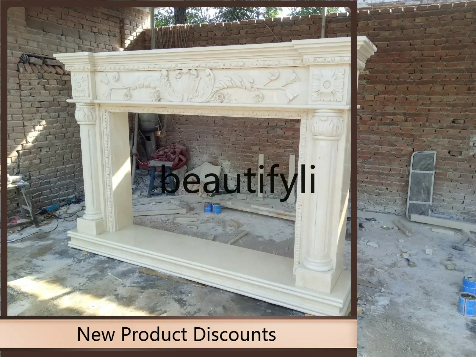 

Asmt56 Marble stone carving light Egyptian beige fireplace carved mantel TV cabinet interior decoration ornament