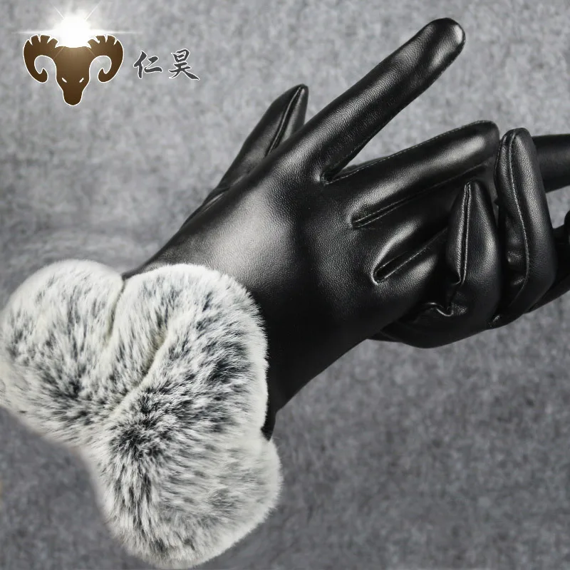 

Black Touch Screen PU Leather Gloves Autumn Winter Lady Warm Rabbit Fur Party Mittens High Quality Gloves