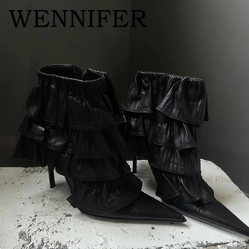 

Artificial Leather High Stiletto Heels Bootes Pointed Toe Cupcake Dress Mid-Calf Bootias Women Nightclub Party Thin Heels Botas