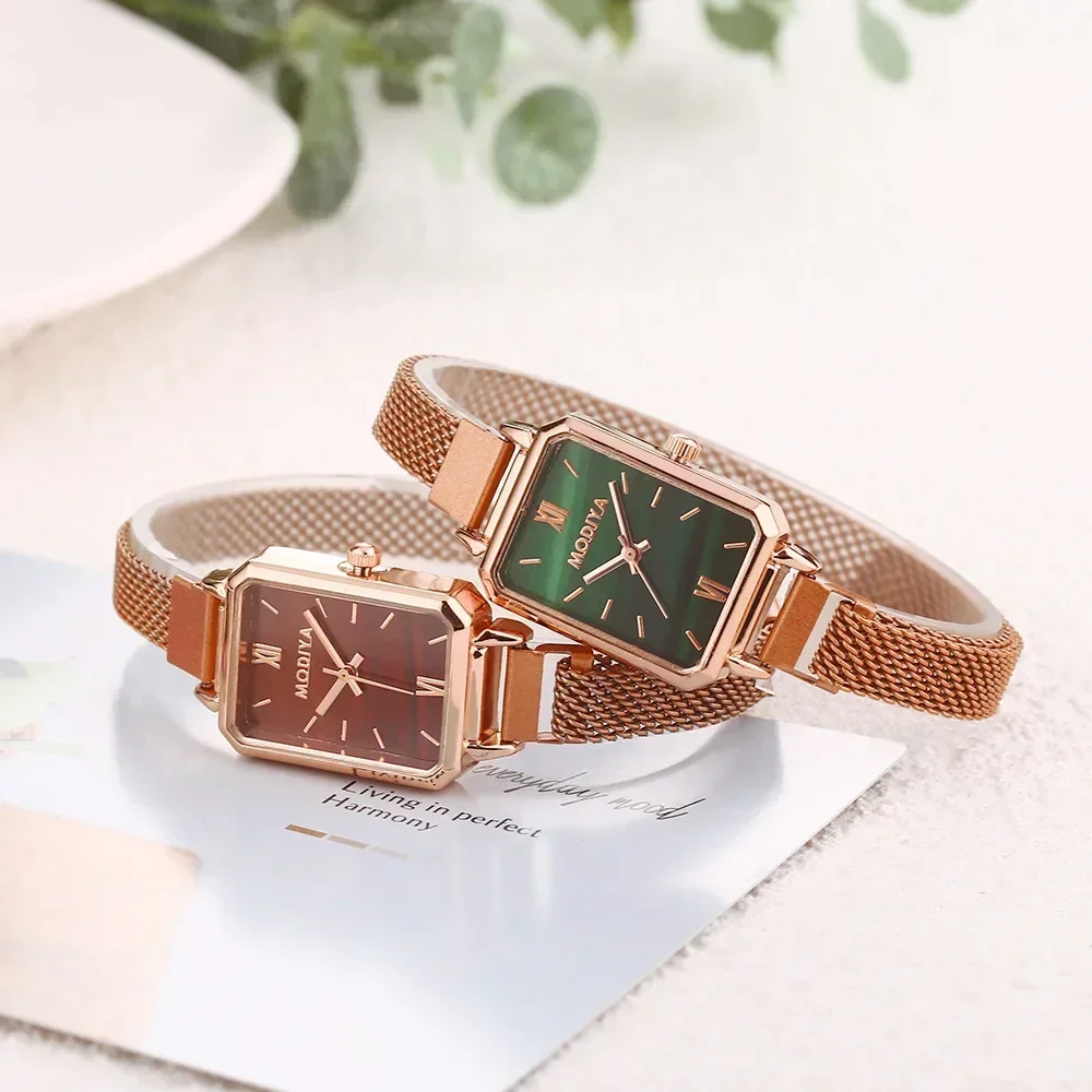 New Women Watches Fashion Square Ladies Quartz Watch Magnetic Strap Green Dial Simple Rose Gold Mesh Luxury Women Watches