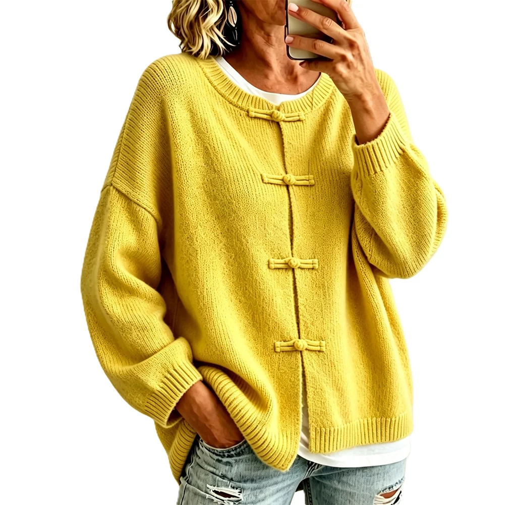 Women's Solid Knit Cardigan with Frog Button Front Made from Polyester Fabric for Spring and Winter Casual Use