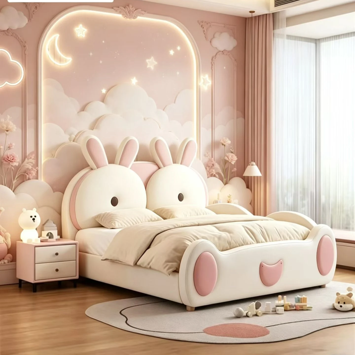 #High End Soft Modern Luxury Children's Bed for Girls Cute Creative Designer PU Leather Upholstery Storage Pine Wood Frame Pink