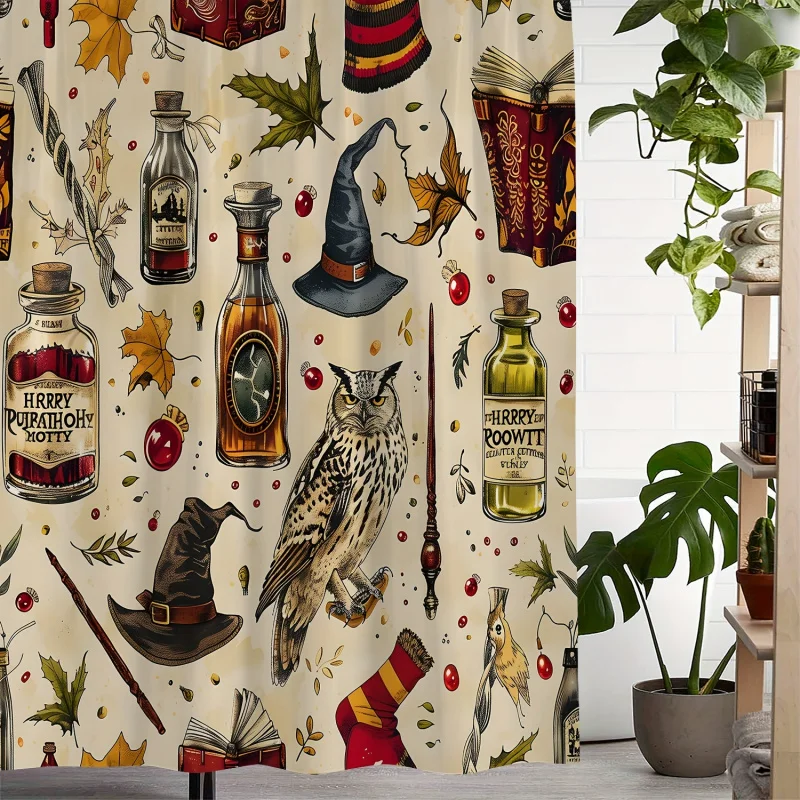 Woven Polyester Shower Curtain with Owl, Witch Hat, Potion Bottles Print - Artistic Design, Water-Resistant with 12 Hooks, Machi