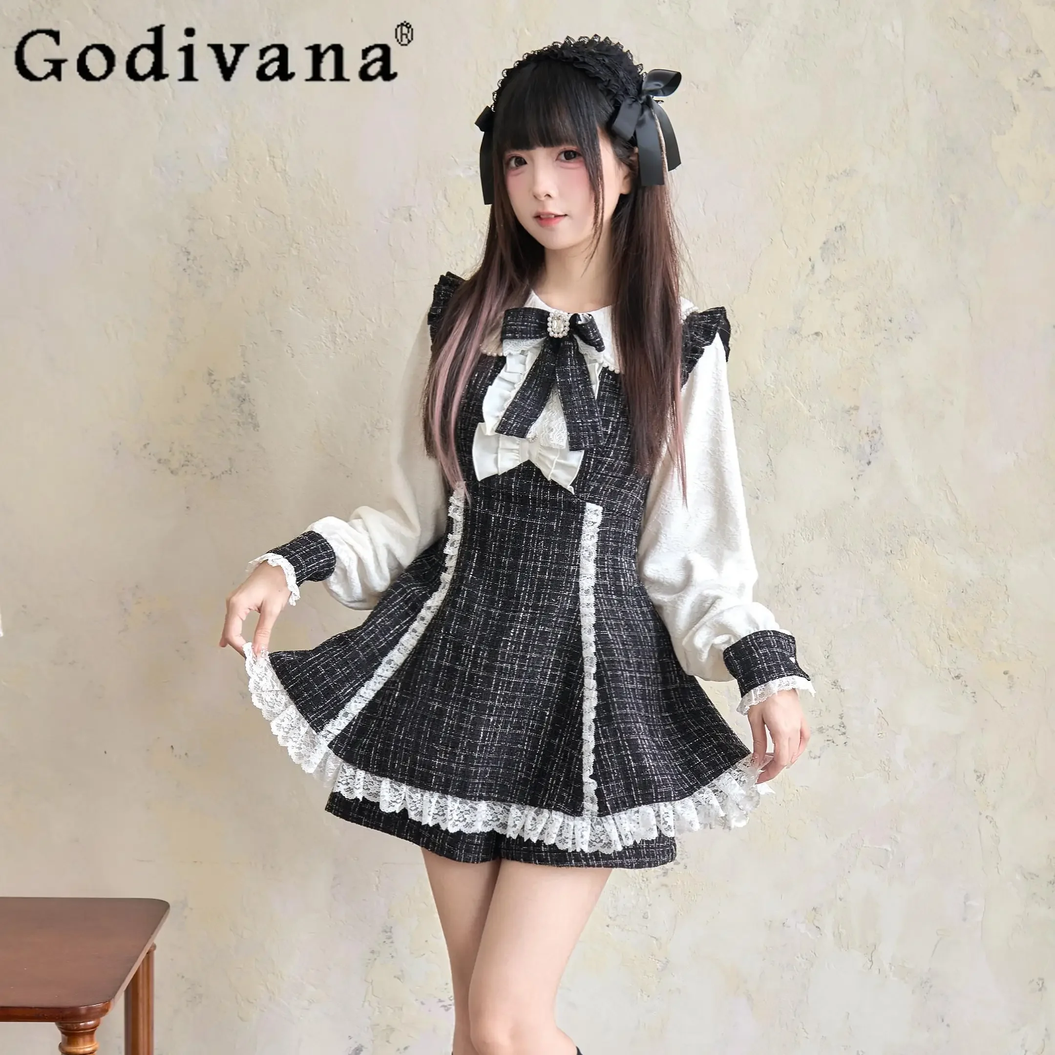 

Sweet Lolita Outfits Bow Lace Patchwork Slim Fit Long Sleeve Dress + Elastic Waist Shorts Two Piece Sets Spring and Autumn News