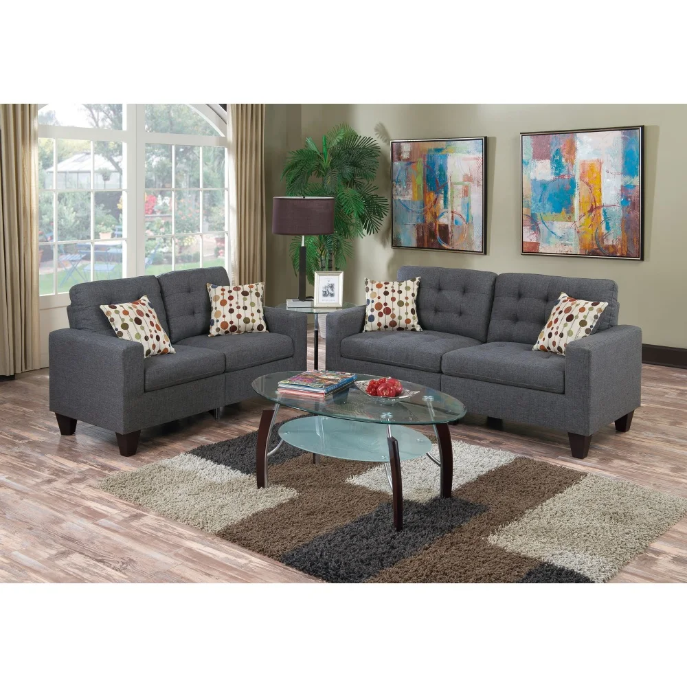 

Living Room Furniture 2pc Sofa Set Blue Grey Polyfiber Tufted Sofa Loveseat w Pillows Cushion Couch Solid Pine