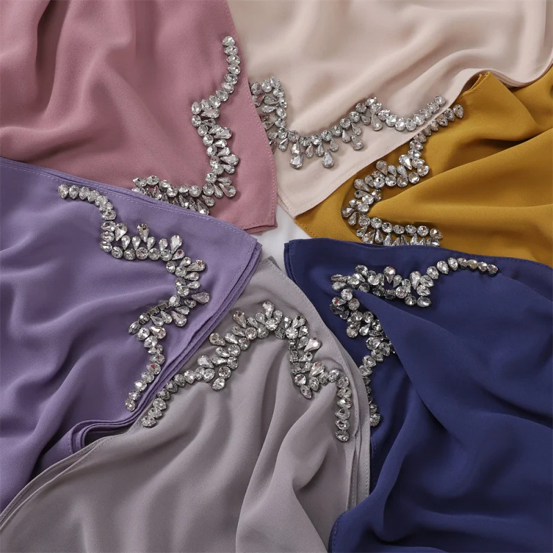 High Quality Heavy Industry Rhinestone-Encrusted Wavy Scarf Luxury Handmade Cathetus Solid Color Pearl Chiffon Scarf