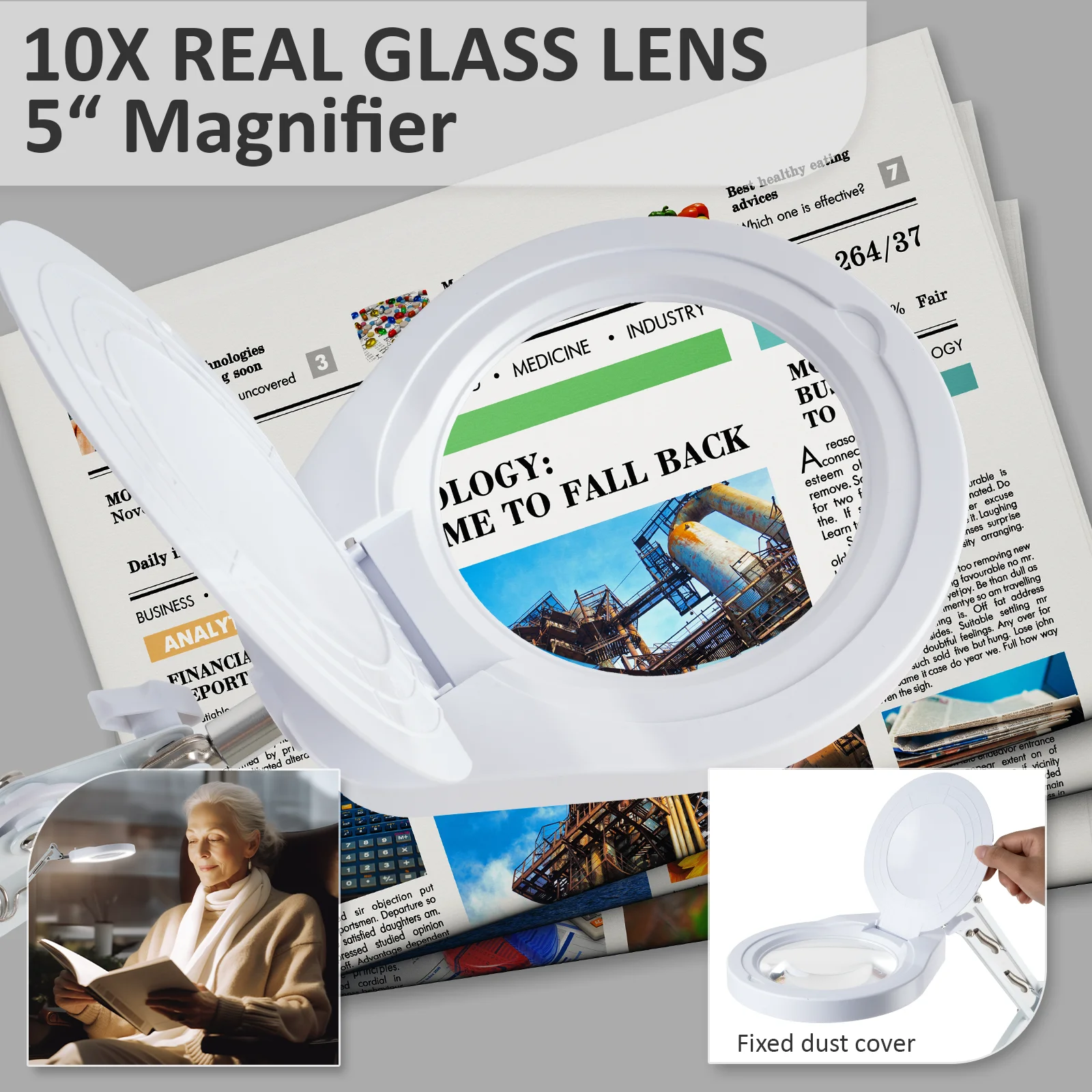 Lupa 10x com luz e suporte, braço oscilante, lâmpada de ampliação, regulável stepless, 5 dioptria, lente de vidro real