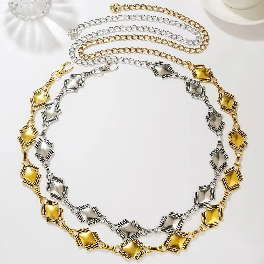 Retro Geometric Square Linked Body Chain Bohemian Two Tone Metal Waist Chain Adjustable Decor Waistband For Outfit