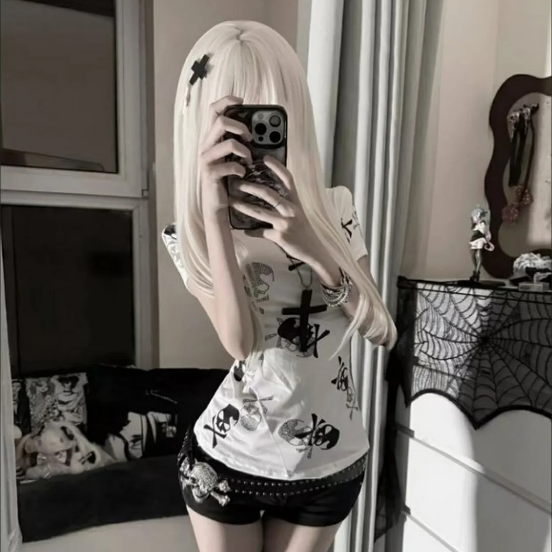 

Summer American subculture dark print skull round neck retro top with waist cinching millennium y2k short sleeved shirt