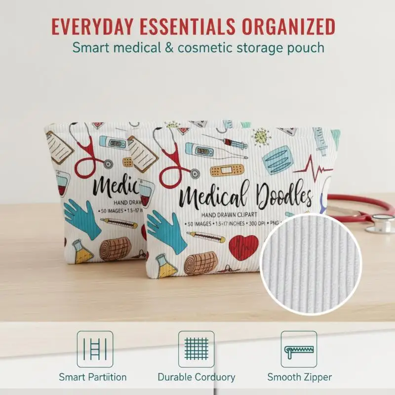 Corduroy  Doodle Cosmetic Bag With Durable Zipper Cute Print For Home Outdoor Storing Skincare  Supplies