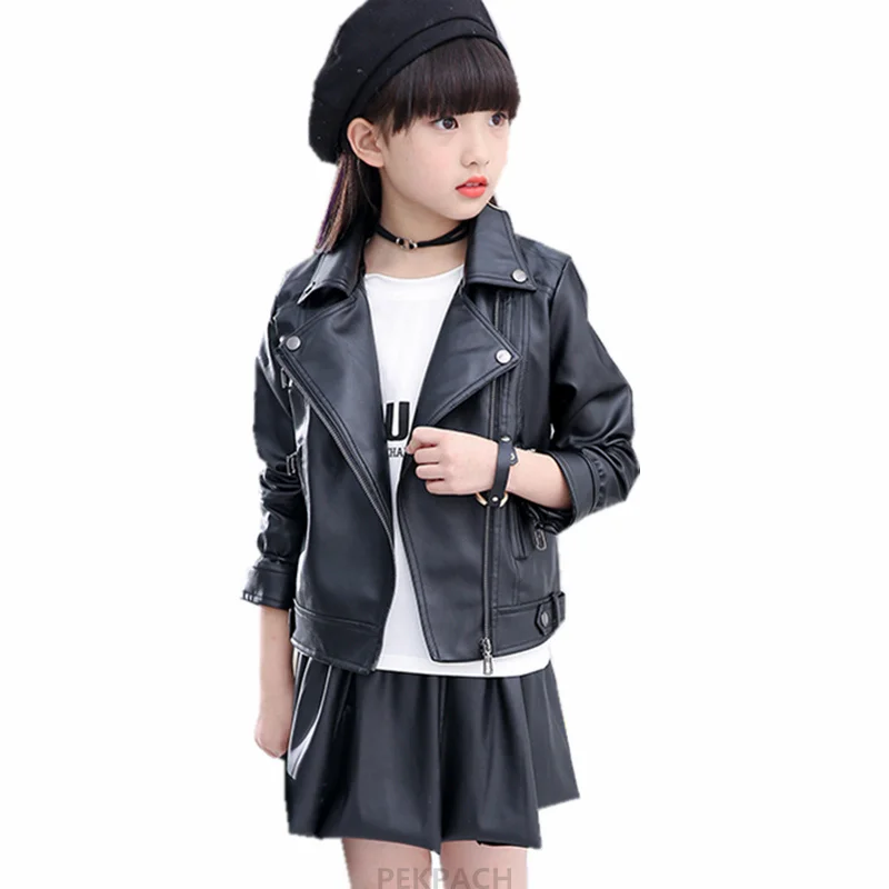 New Spring Kids Faux Leather Jacket For Girls Vintage Designer Black Pink Red PU Leather Outerwear Teens Coat Casual Clothing