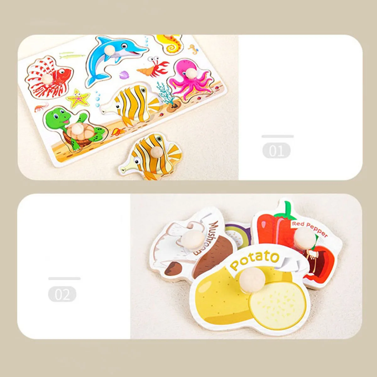 1pc 木製ジグソーパズル子供モンテッソーリゲーム教育玩具子供のための動物果物形状ハンドグリップボード木製パズル