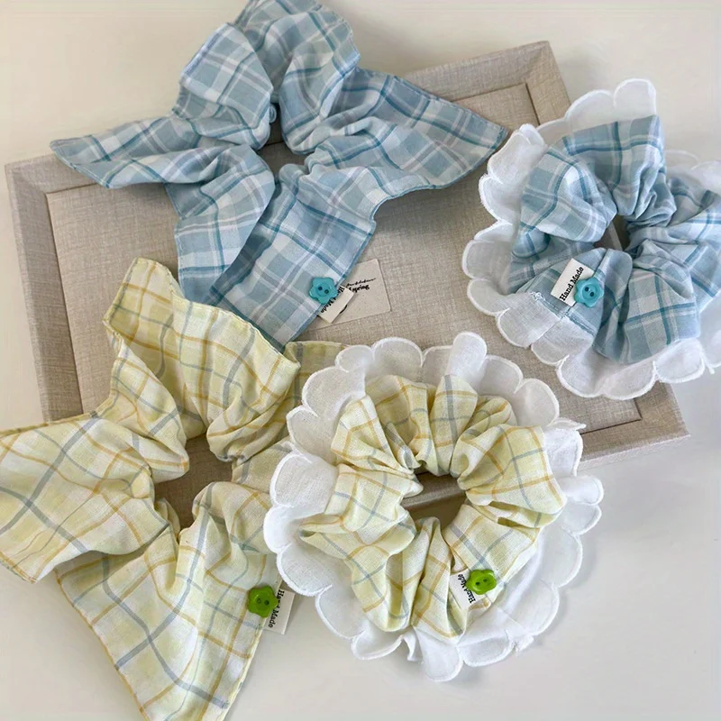 

Мятно-зеленая клетчатая резинка для волос с кружевной отделкой Элегантная повязка для волос с пуговицами сзади Аксессуар для волос премиум-качества